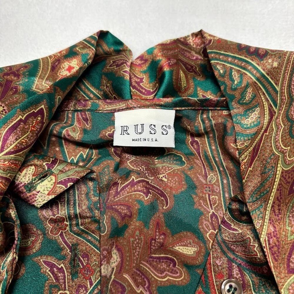 VTG RUSS Paisley Print Tie Neck Blouse Faux Silk Shirt Gold Green Womens Size 16 - Picture 3 of 12